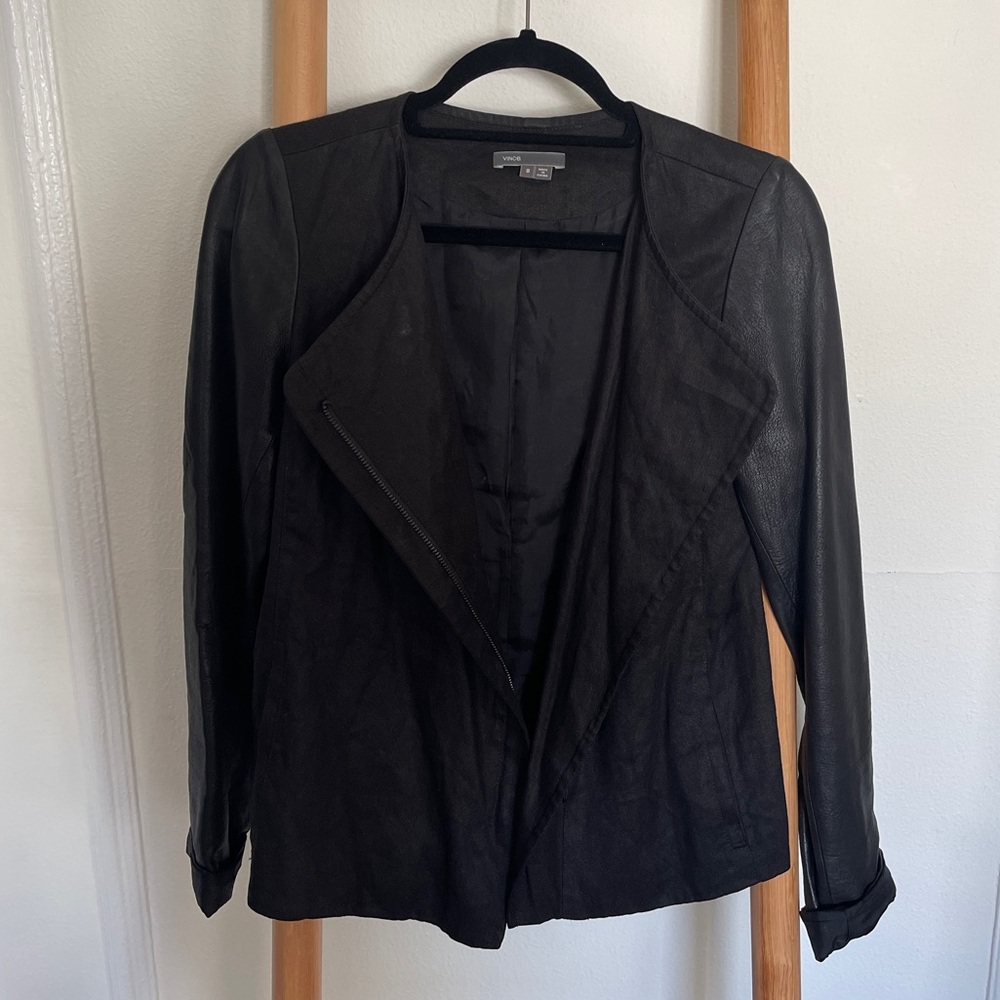 Black Vince jacket with leather sleeves, size 8